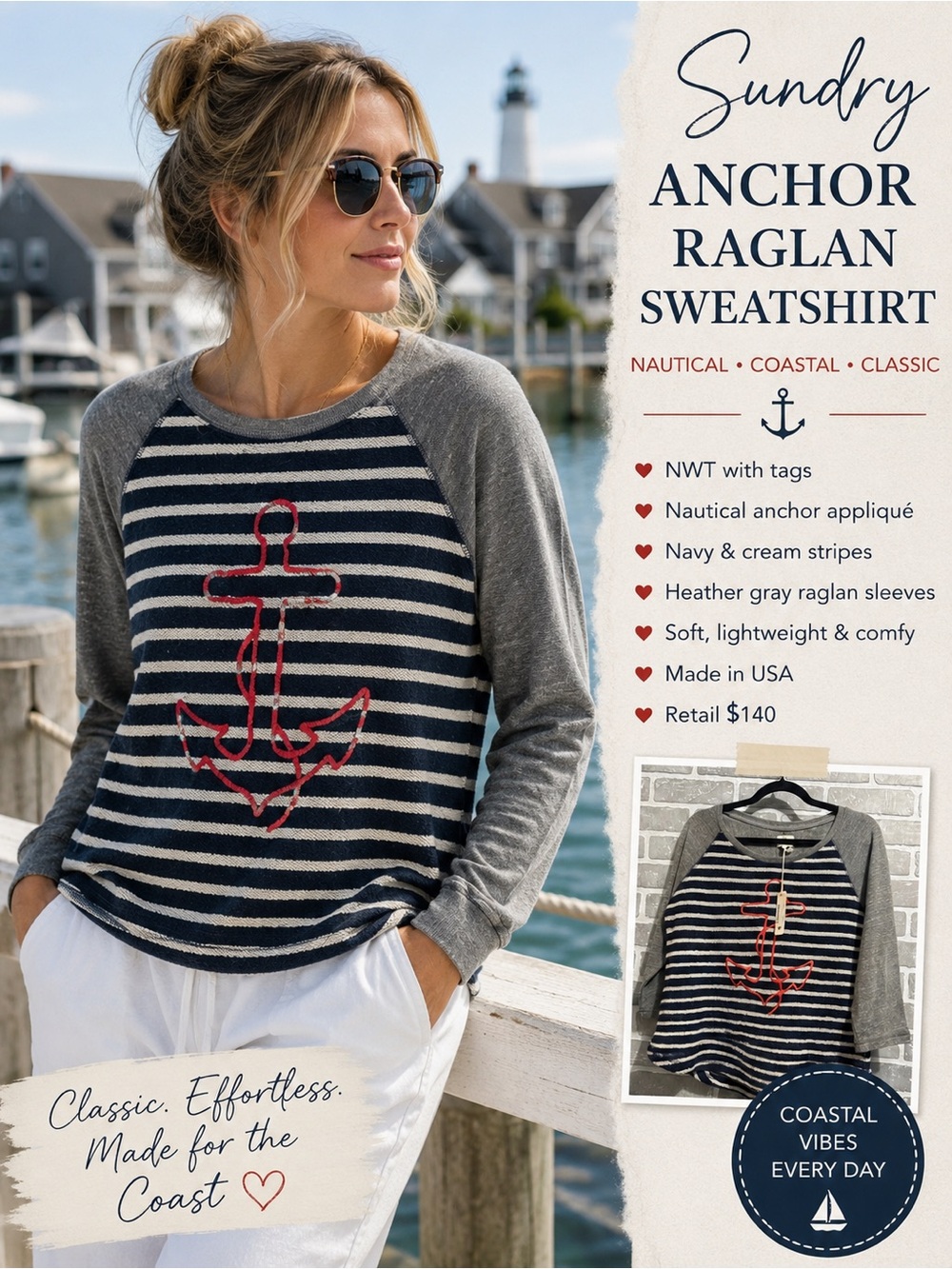 NWT Sundry Anchor Striped Raglan Sweatshirt Nautical Coastal Preppy Size 1 Small